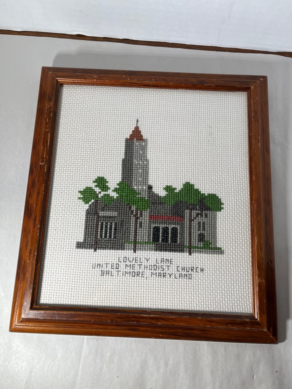 Framed Cross-Stitch Artwork in Brown Frame Lovely Lane united Methodist Church